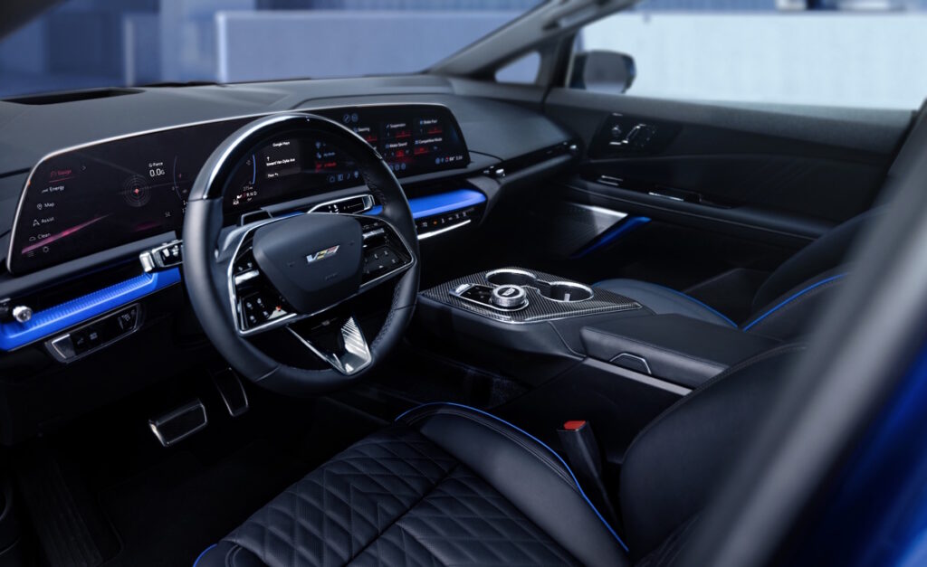 The 2026 Cadillac OPTIQ-V in Noir with Santorini Blue accents interior palette