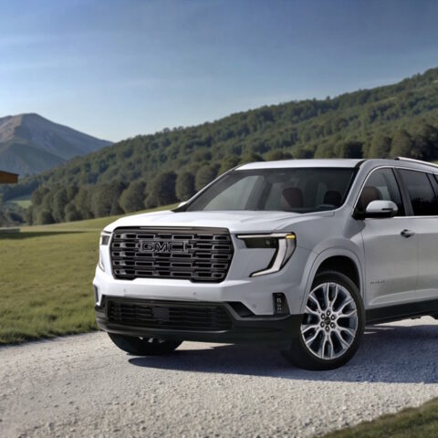 Front 3/4 view of the 2026 GMC Acadia Denali Ultimate in Glacier White Tricoat. Preproduction model shown. Actual production model will vary.