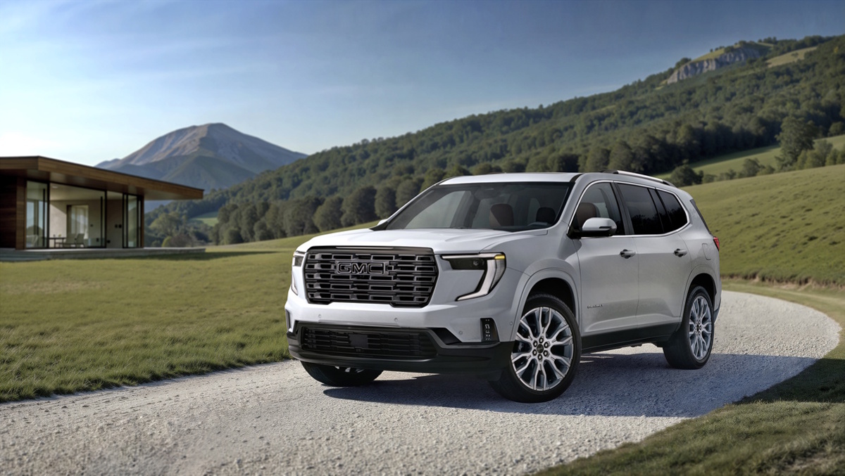 Front 3/4 view of the 2026 GMC Acadia Denali Ultimate in Glacier White Tricoat. Preproduction model shown. Actual production model will vary.